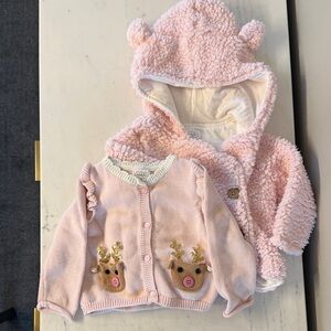Mud Pie Pink Fleece Jacket and Reindeer Cardigan Set